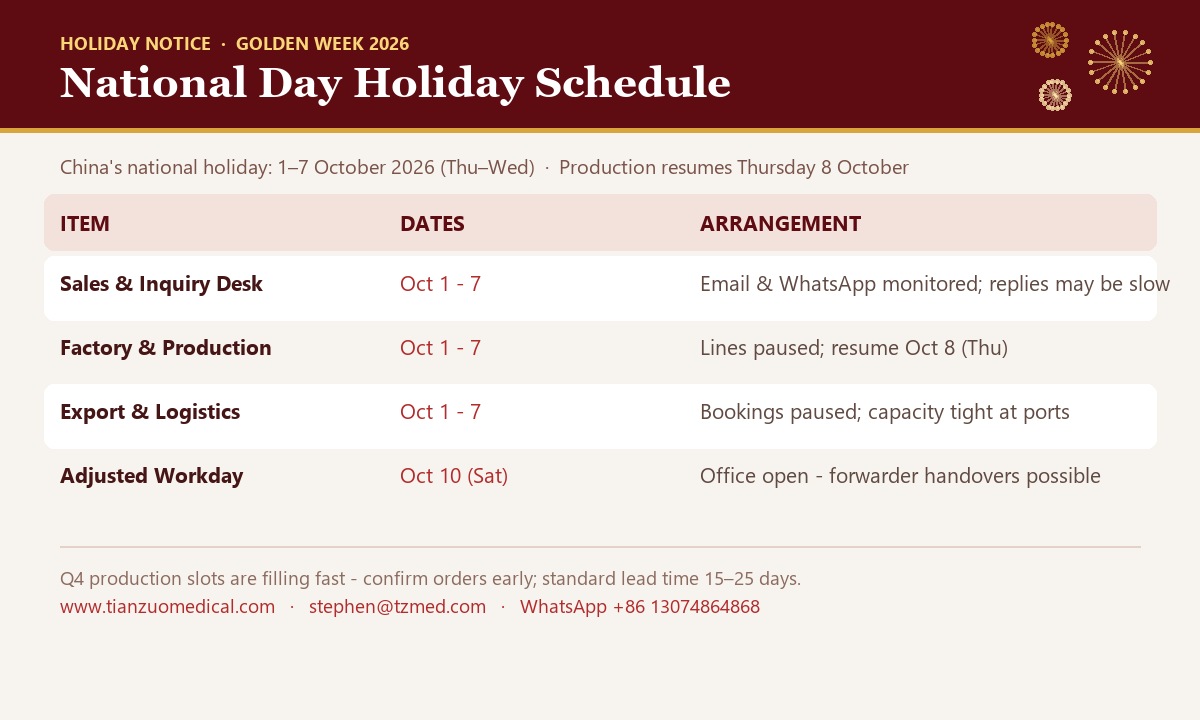 Tianzuo Medical National Day Golden Week 2026 holiday schedule - sales desk, factory production, export logistics and the October 10 adjusted working day